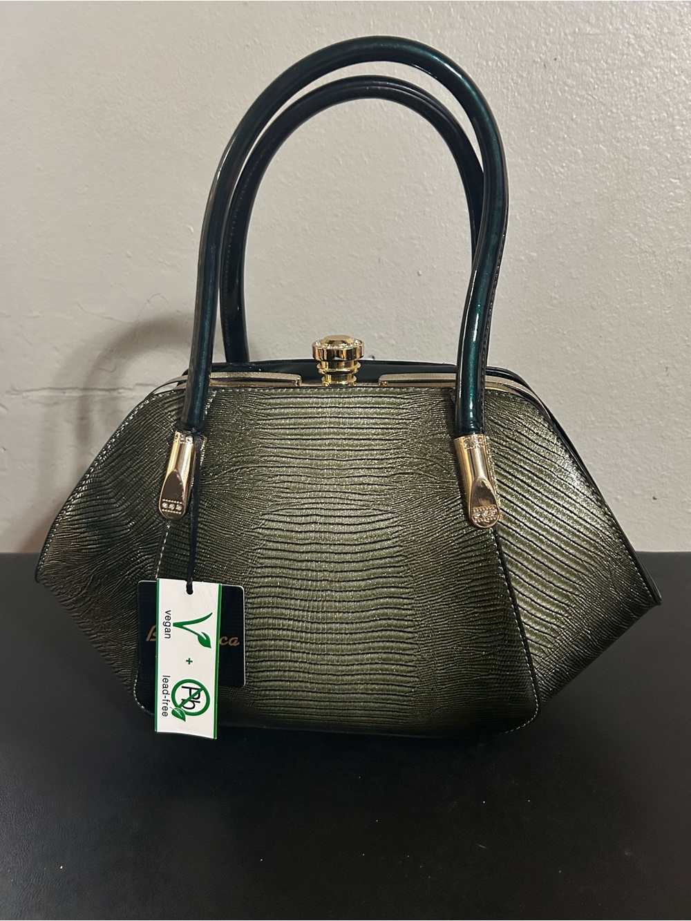 Bella Luca Green Reptile Embossed Structured Handbag NWT